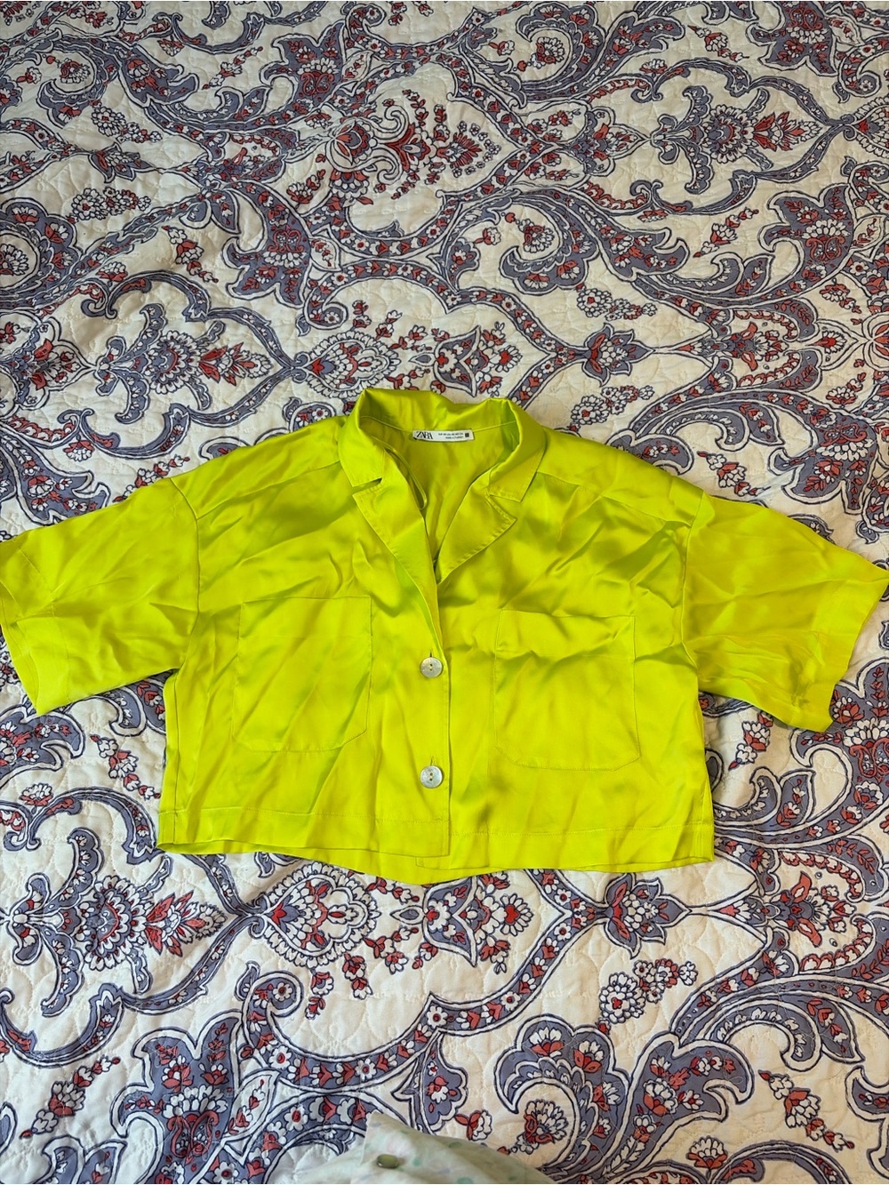 Zara Neon Lime Short-Sleeve Crop Button Down Top